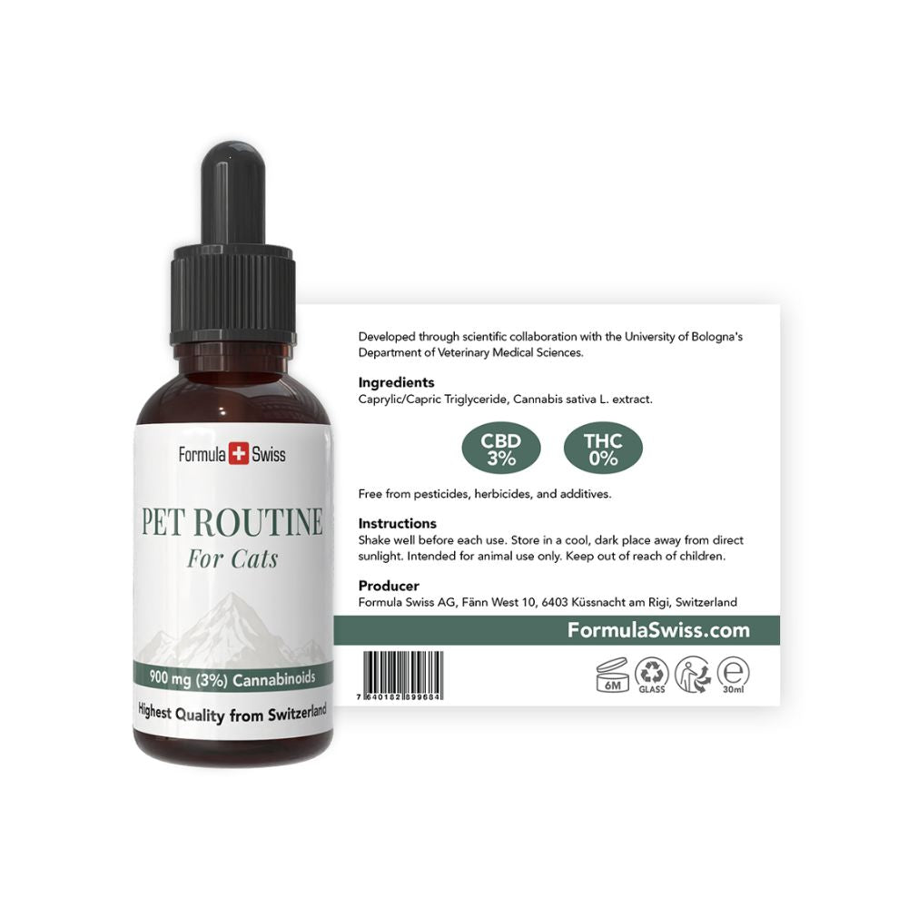 CBD-öljypullo kissoille, Formula Swiss, jossa on dropper valkoisella pohjalla