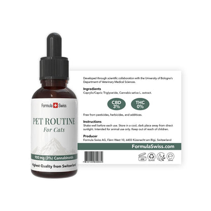 CBD-öljypullo kissoille, Formula Swiss, jossa on dropper valkoisella pohjalla
