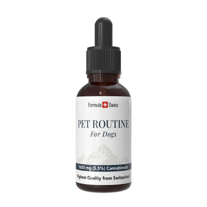 Pullon "Pet Routine for Dogs" -pullo, jossa on valkoinen etiketti valkoisella taustalla