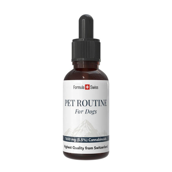 Pullon "Pet Routine for Dogs" -pullo, jossa on valkoinen etiketti valkoisella taustalla