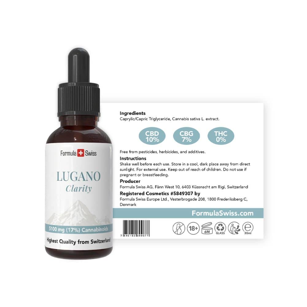 CBD-tippapullo, jonka Formula Swiss on merkinnyt "Lugano Clarity" valkoisella taustalla.