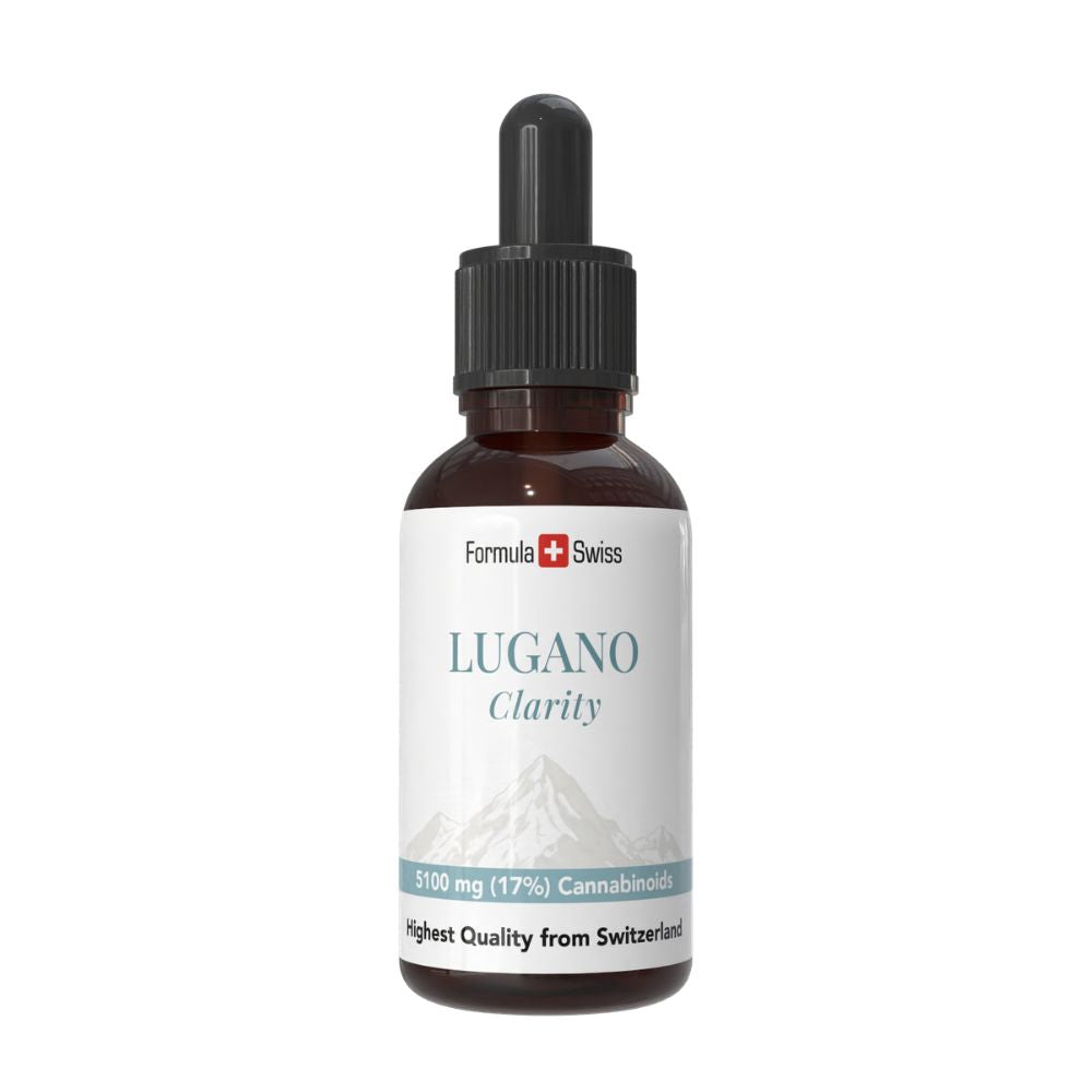 Pullo Lugano Claritya Formula Swiss -brändäyksen kanssa valkoisella pohjalla