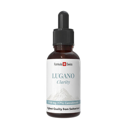Pullo Lugano Claritya Formula Swiss -brändäyksen kanssa valkoisella pohjalla