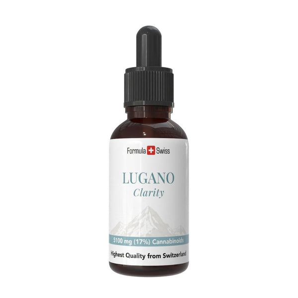 Pullo Lugano Claritya Formula Swiss -brändäyksen kanssa valkoisella pohjalla
