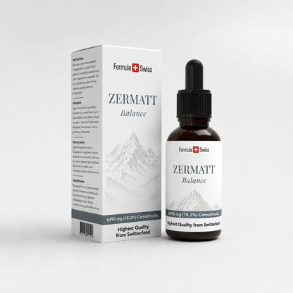 Zermatt Balance kannabistuotepakkaukset, joissa on pullo ja laatikko vaaleanharmaalla taustalla
